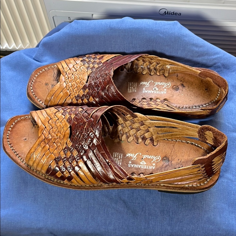 Artisan Mexican Brown Leather Sandals with Woven Design